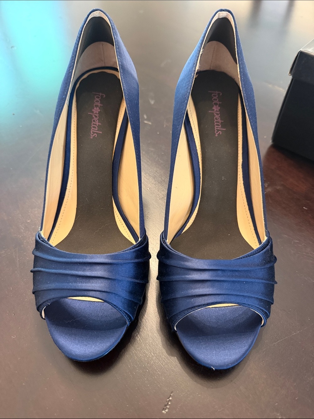 Nina Navy Satin Peep-Toe Heels